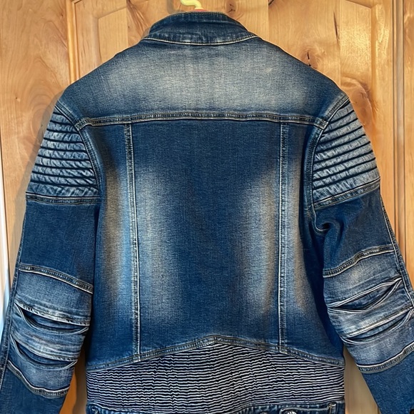 ANGEL COLA Men’s Biker Slim Fit Distressed Washed Blue Denim Jacket $234 EUC M - Picture 7 of 16